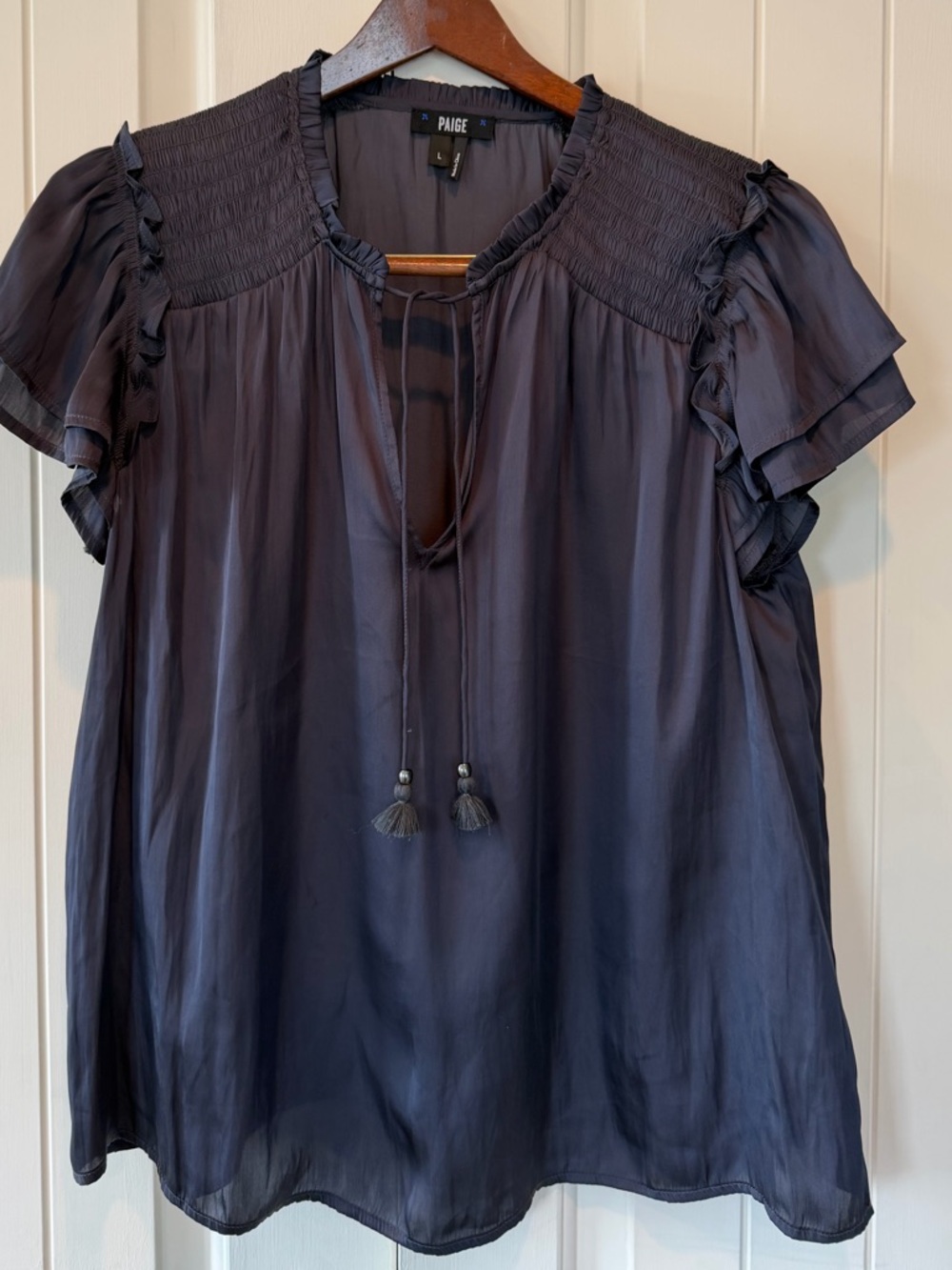 PAIGE Navy BlueSheer Ruffle Sleeve Tie-Front Blouse